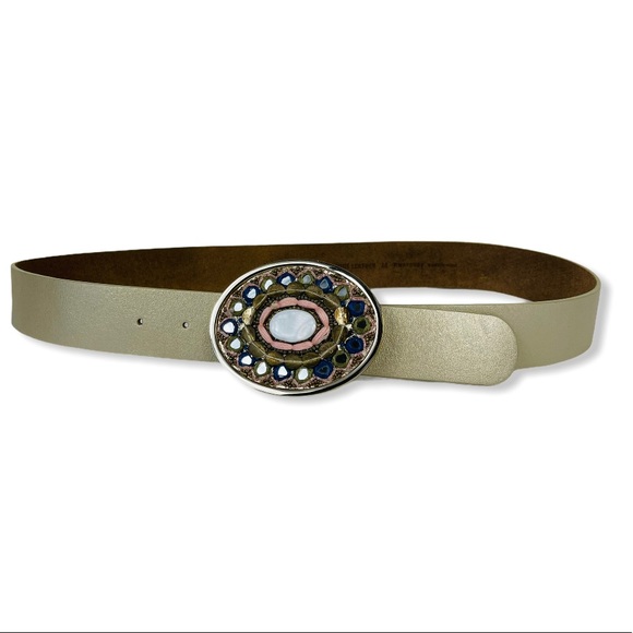 Chico's Accessories - Chico’s Leather Gold Metallic Boho Beaded O buckle Belt M